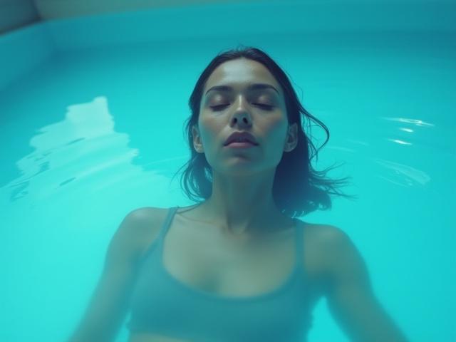 Person exhaling calmly while submerged in a cold plunge pool, focus on serene expression.