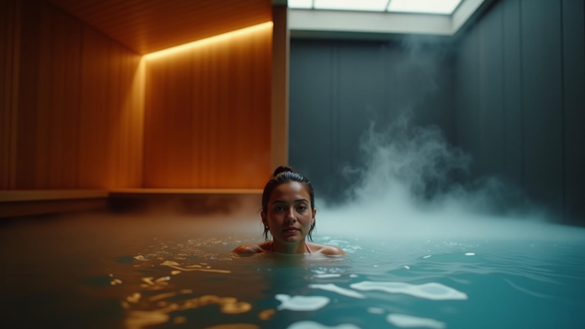 Side-by-side view of steam rising from a sauna and a person entering icy cold water for a plunge, representing heat and cold therapy.