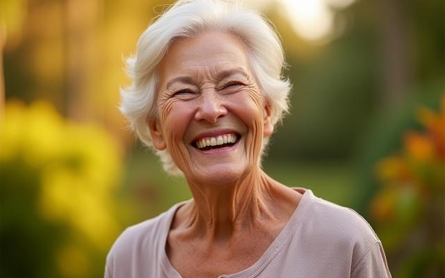 An elegant woman aged 55-65, laughing genuinely in a vibrant, outdoor setting, depicting graceful aging and joyful longevity.