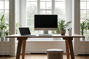 Modern ergonomic standing desk setup with monitor and accessories.